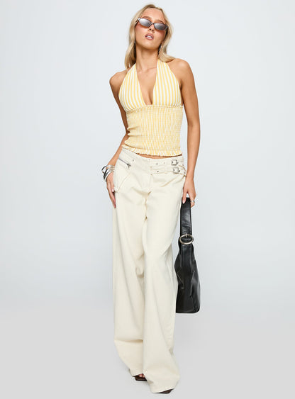 Averin Shirred Halter Top Lemon Stripe