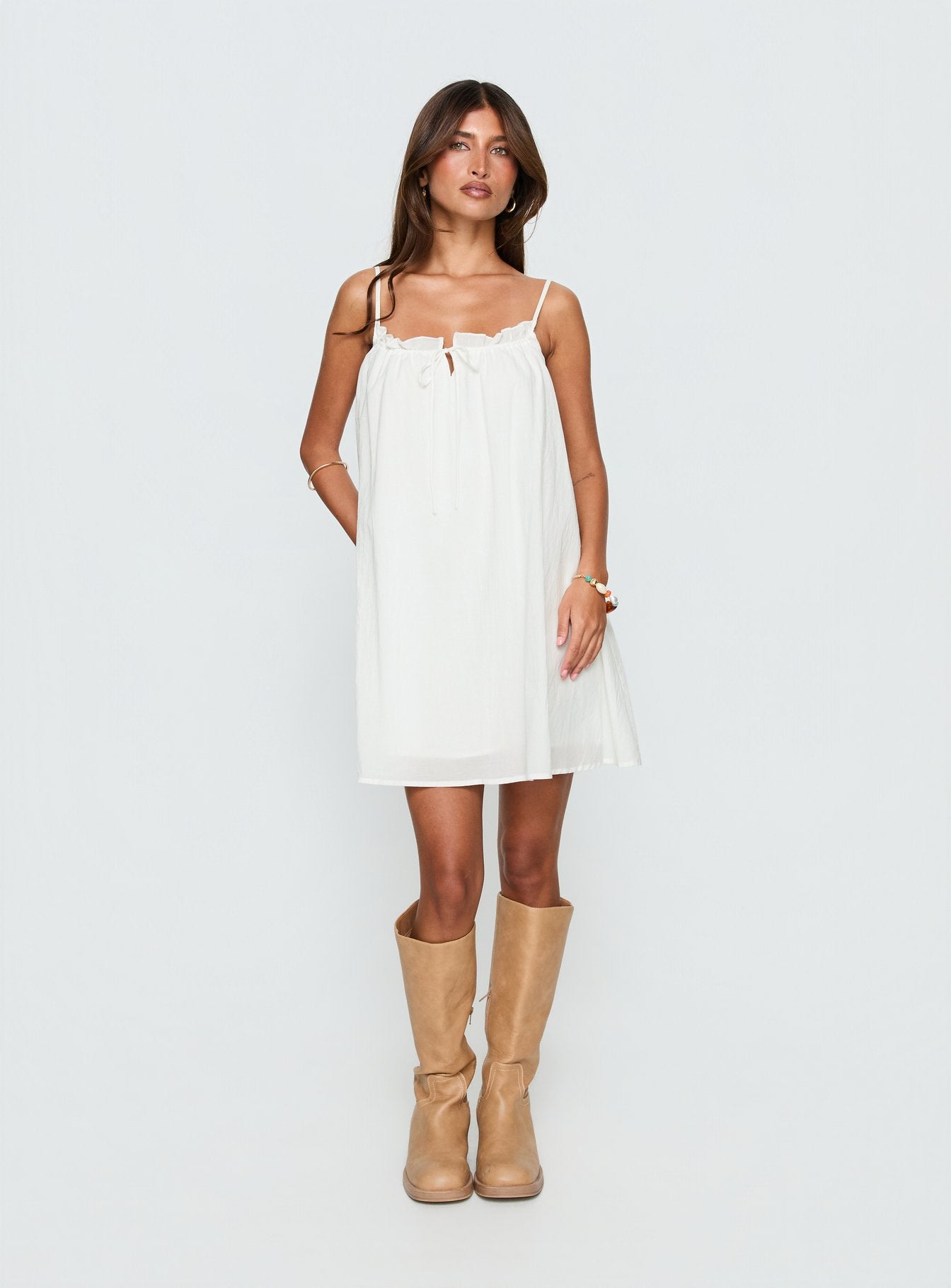 Kind Of Wonderful Tie Detail Baby Doll Mini Dress White
