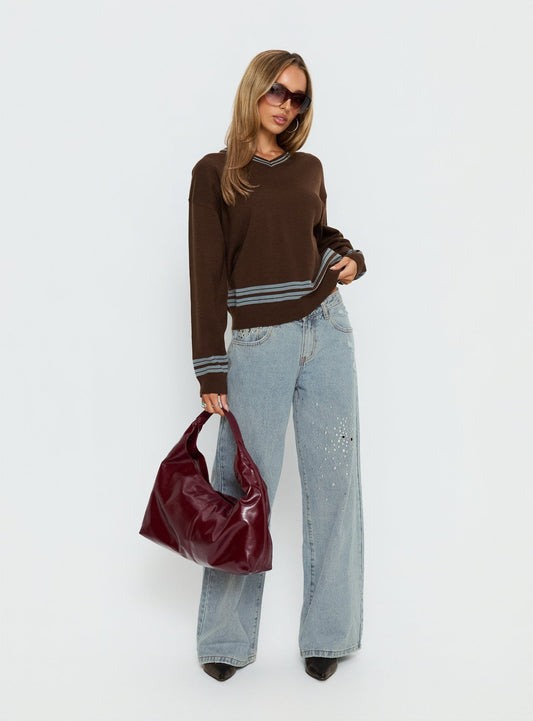 Yarnia V Neck Jumper Brown / Blue