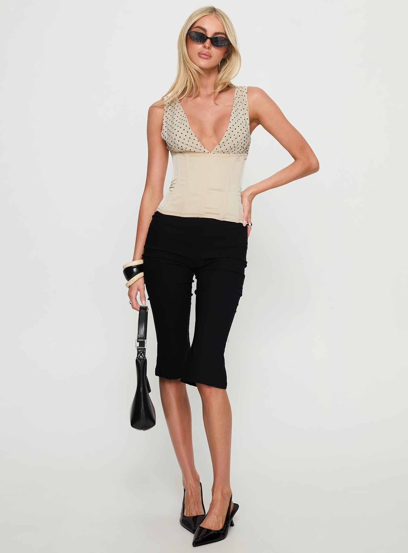 Briannah Contrast Corset Top Cream Polka Dot