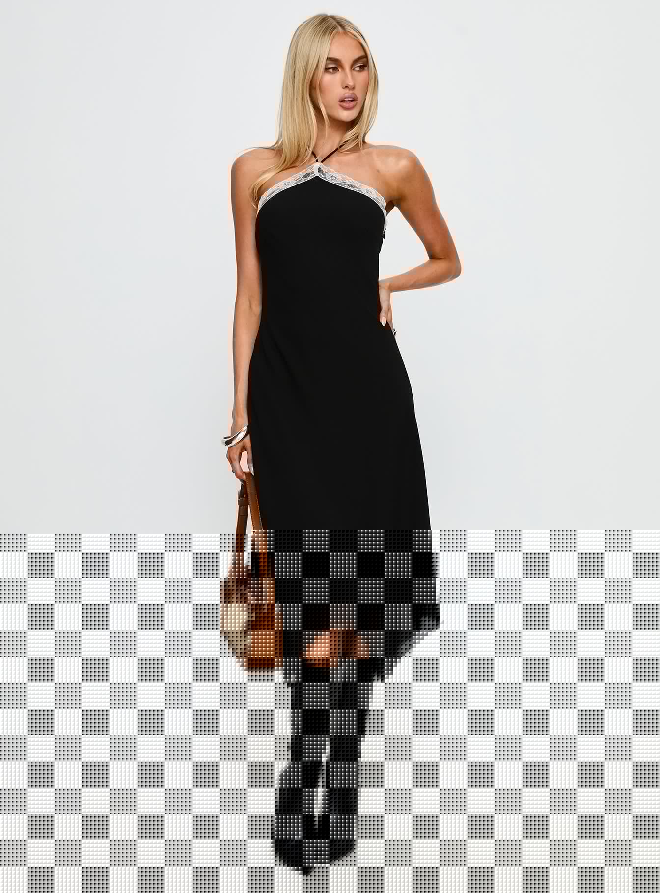 Naila Halter Lace Trim Midi Dress Black