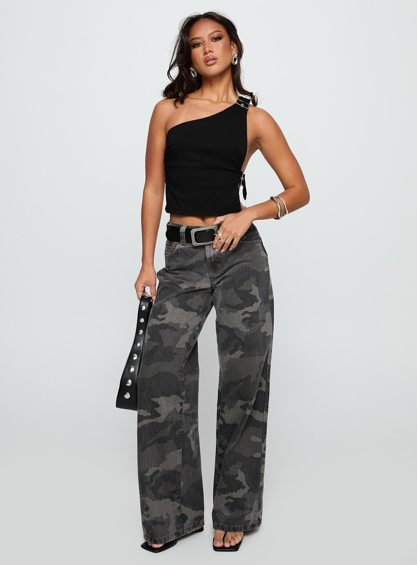 Buckled Down One Shoulder Top Black