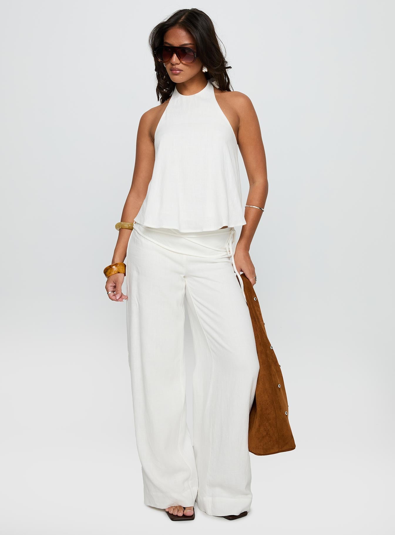 Aquaria Halter Linen Blend Top White