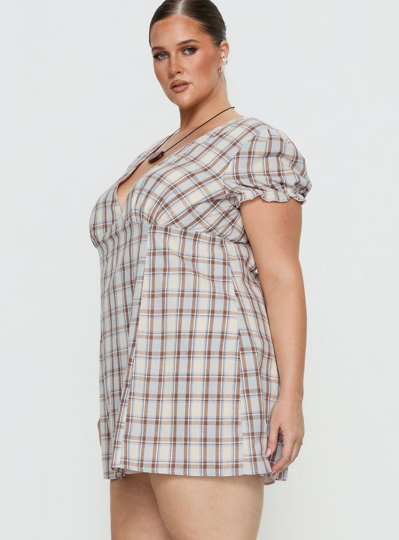 Mystee Plunge Neck Playsuit Blue Check Curve