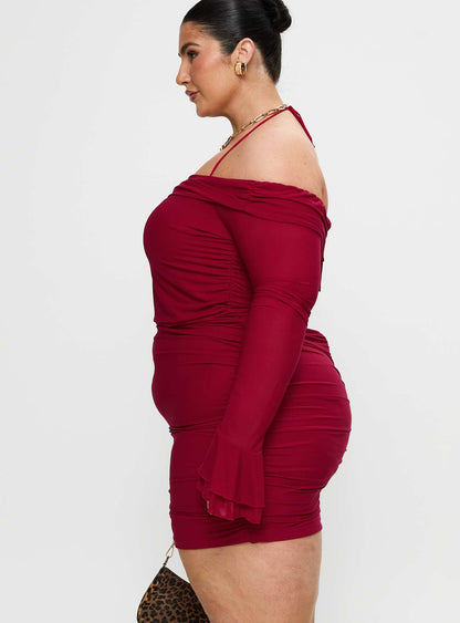 Taylon Off Shoulder Long Sleeve Mini Dress Red Curve