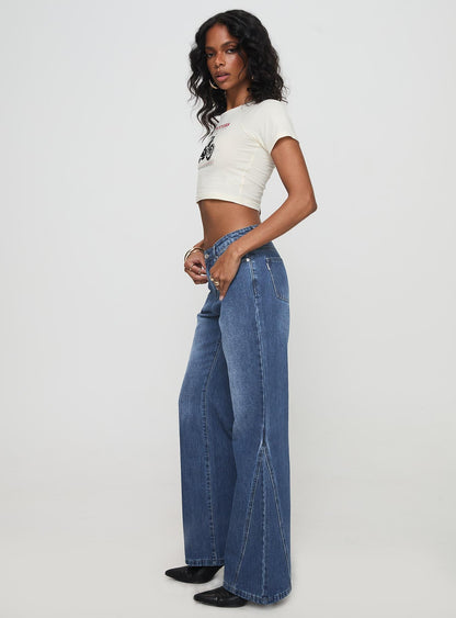 Leslee Mid Rise Flare Jean Mid Wash Blue
