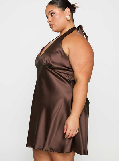 Pelagia Halter Scarf Tie Mini Dress Brown Curve
