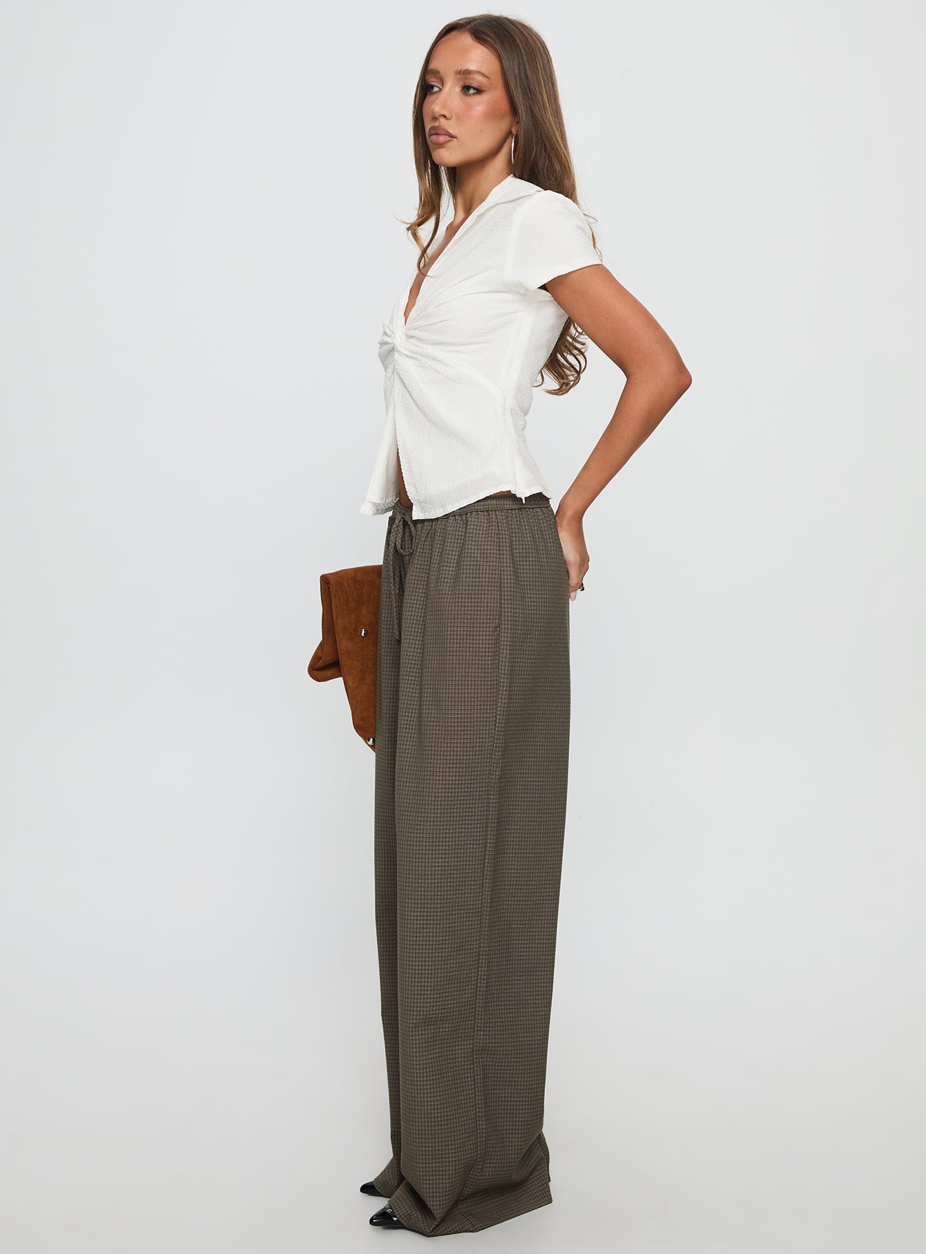 Ketrina Tie Waist Pants Brown Plaid