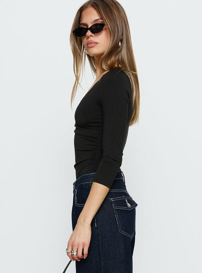 Lyselle Wrap Detail 3/4 Sleeve Bodysuit Black