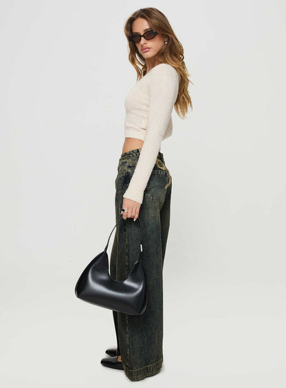 Ribbon Stamp Low Rise Wide Leg Jeans Antique Wash
