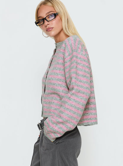 Raynna Button Up Cardigan Pink / Grey Stripe