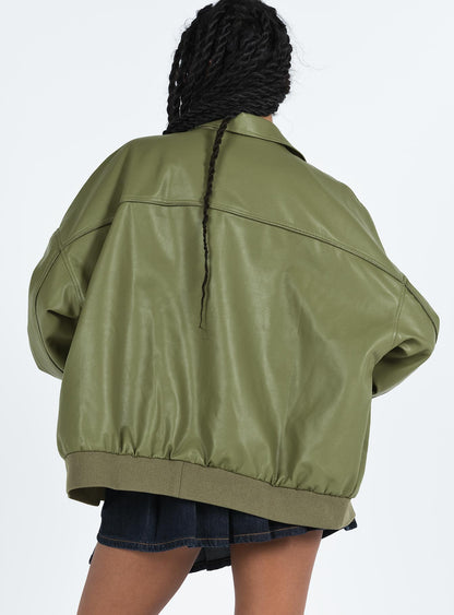 Goldsmith Faux Leather Bomber Jacket Green