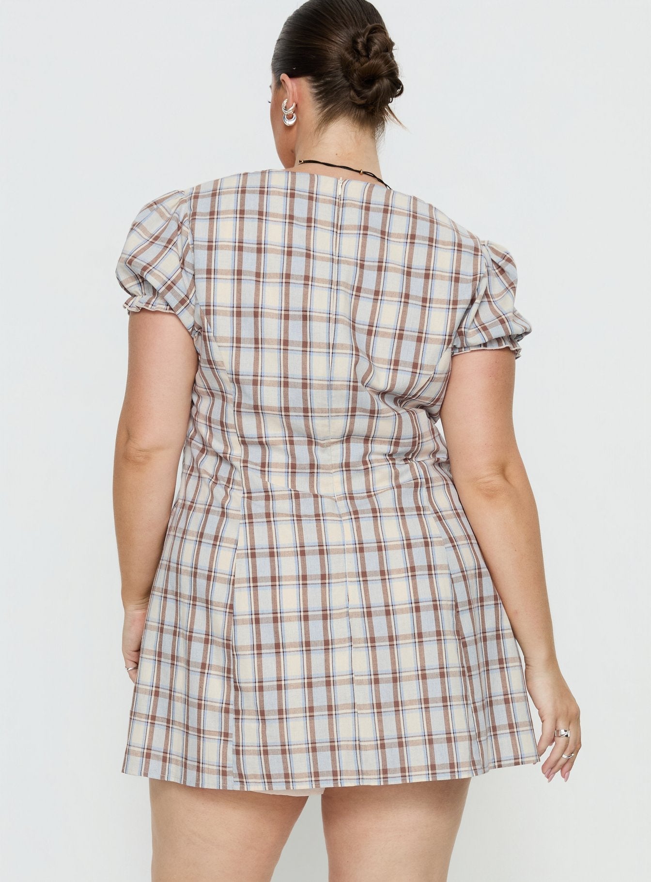 Mystee Plunge Neck Playsuit Blue Check Curve