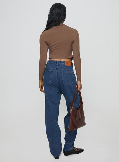 Forestier Mid Rise Barrel Leg Pin Tuck Jeans Mid Blue