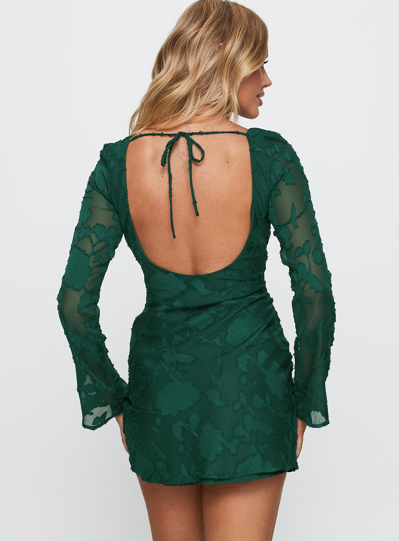 Jadee Long Sleeve Mini Dress Green Burnout