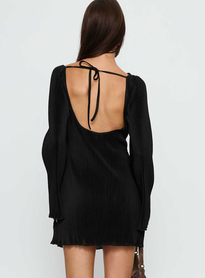 Lukea Long Sleeve Plisse Mini Dress Black