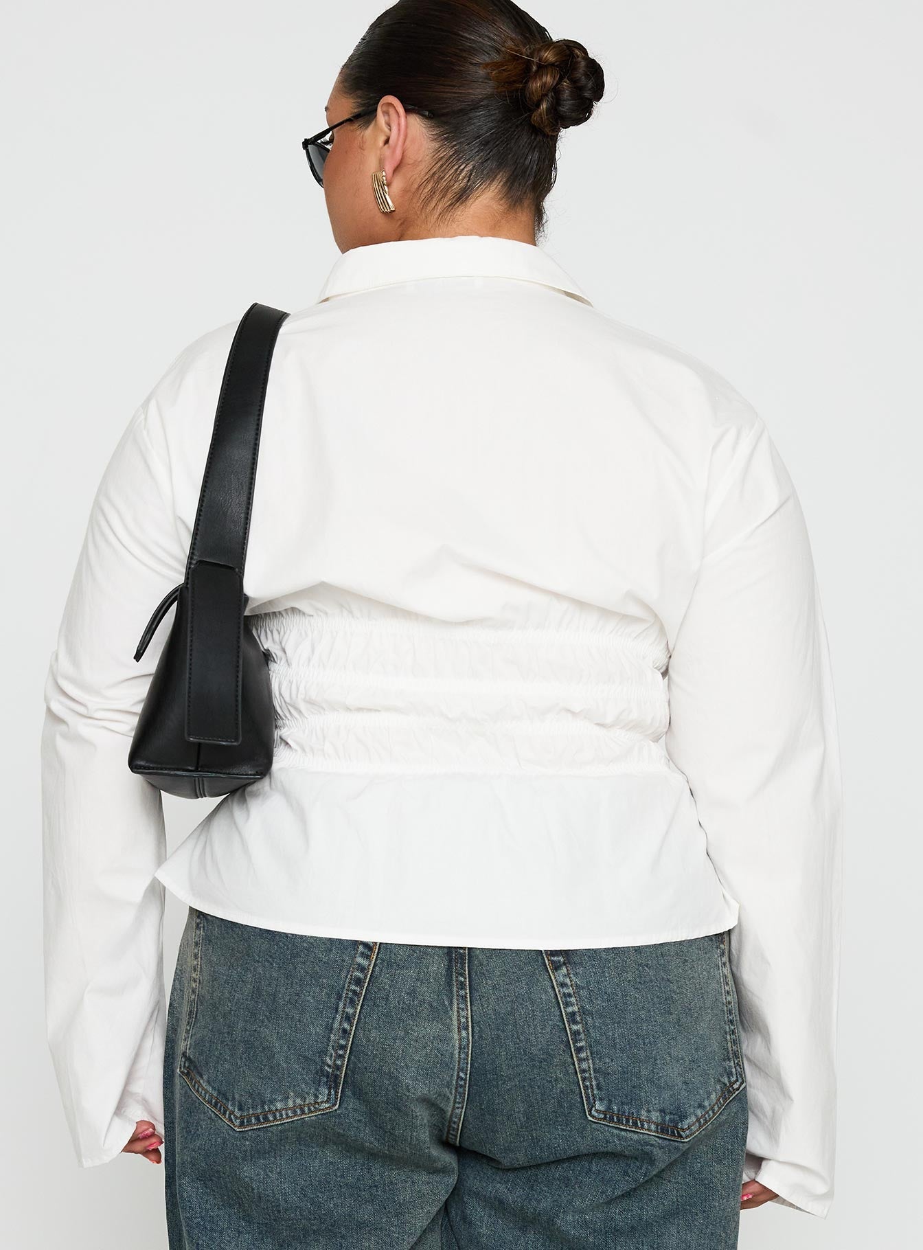 Liesel Shirred Long Sleeve Top White Curve