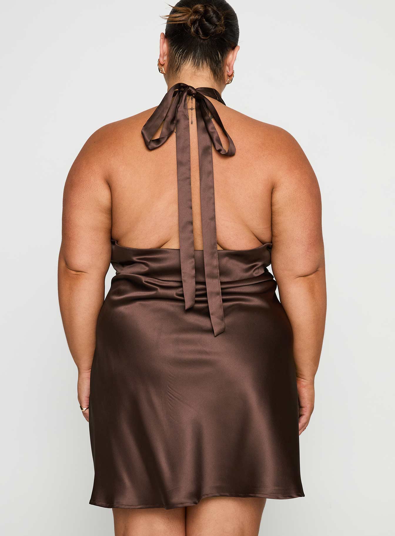 Pelagia Halter Scarf Tie Mini Dress Brown Curve