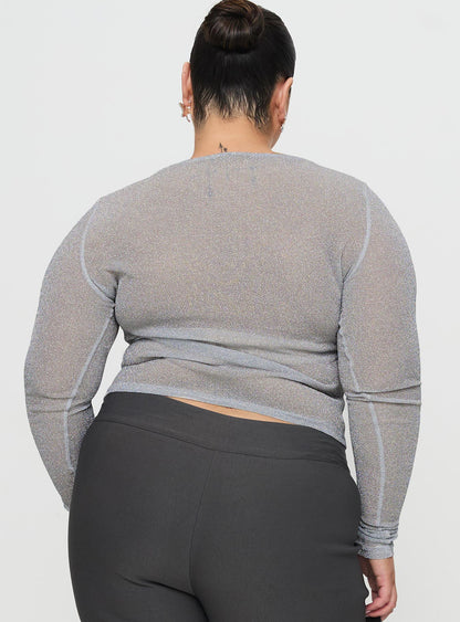Crystal Clear Long Sleeve Mesh Top Silver