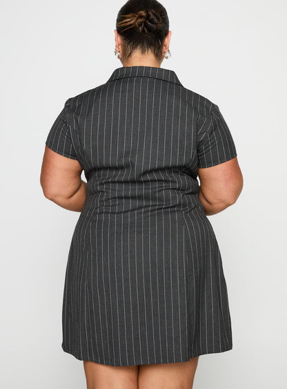 Wynona Mini Dress White / Grey Pinstripe Curve