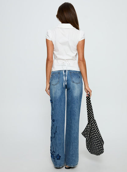 Sisterhood Mid Rise Wide Leg Patchwork Jeans Mid Blue Wash