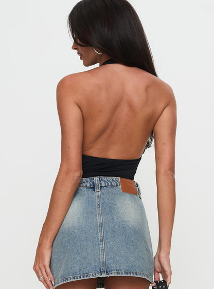 Two Summers Plunge Neck Bodysuit Black