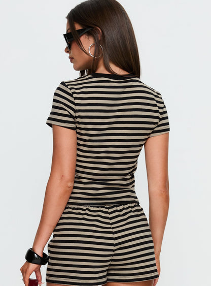 Settle Down Baby Tee Black / Beige Stripe