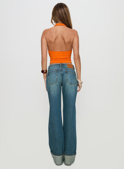 Toros Mid Rise Wide Leg Foldover Denim Jeans Mid Blue