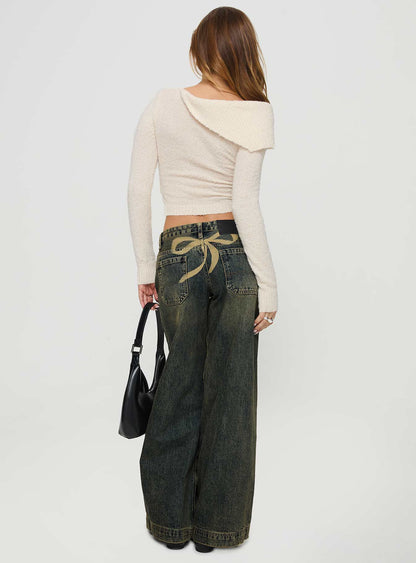 Ribbon Stamp Low Rise Wide Leg Jeans Antique Wash