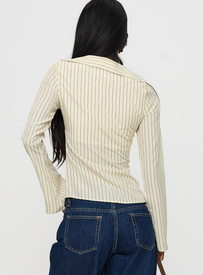 Life Begins Long Sleeve Lace Trim Top Cream Stripe