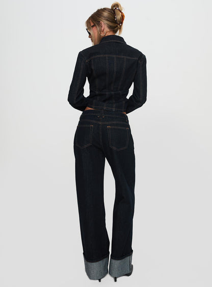 Top Model Low Rise Straight Leg Cuffed Jean Dark Denim