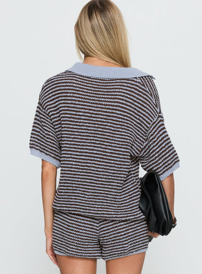 Serenique Collared Short Sleeve Knit Top Blue / Chocolate