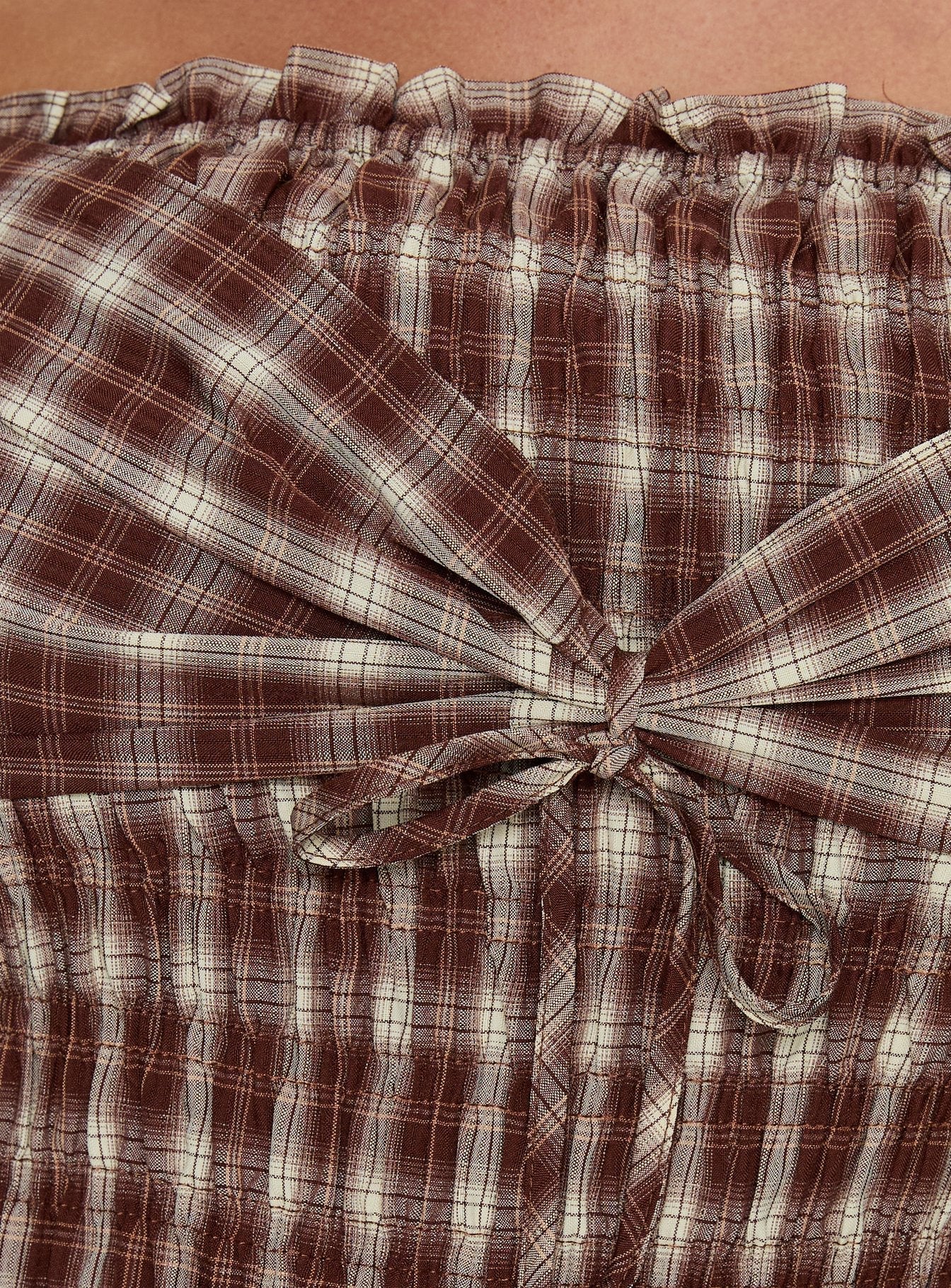 Avalynn Off Shoulder Shirred Top Brown Check Curve