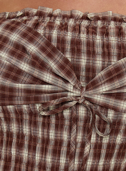 Avalynn Off Shoulder Shirred Top Brown Check Curve