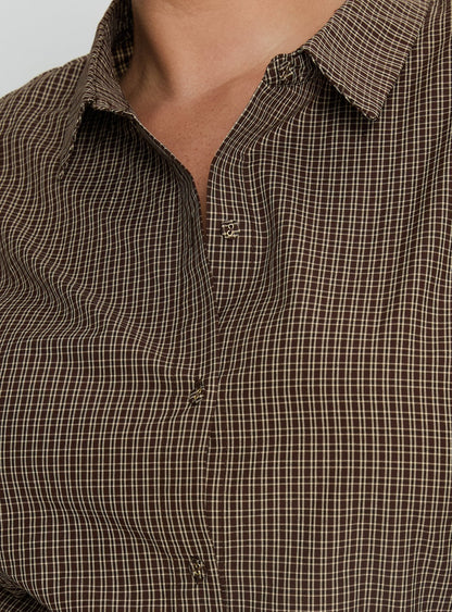 Xinia Tie Waist Long Sleeve Shirt Brown Check Curve