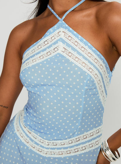 Wild Joy Halter Maxi Dress Blue Polka