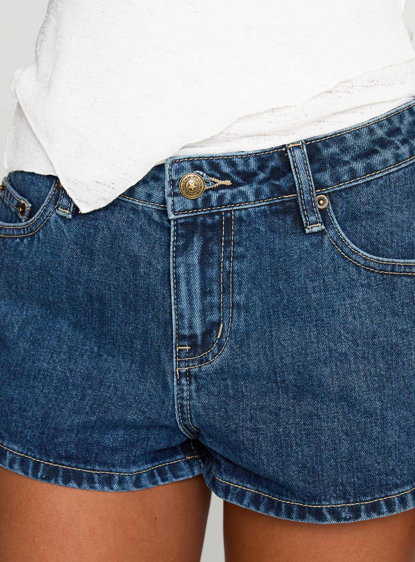 Dreamful Low Rise Mini Denim Shorts Dark Blue Wash Tall