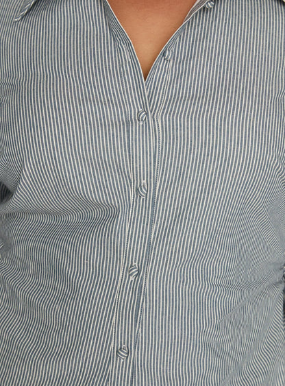 Publicity Long Sleeve Mini Dress Blue Pinstripe Curve
