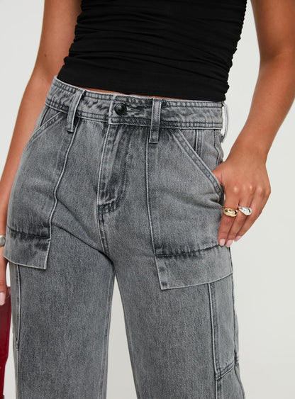 Chad High Rise Flared Cargo Jeans Washed Grey