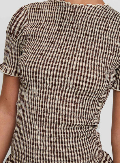 Laurita Shirred Mini Dress Brown Check Tall