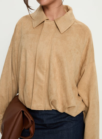Enlightened Faux Suede Bomber Jacket Beige
