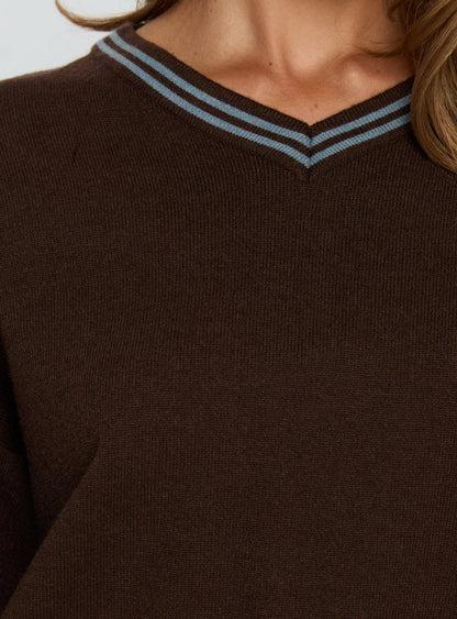Yarnia V Neck Jumper Brown / Blue