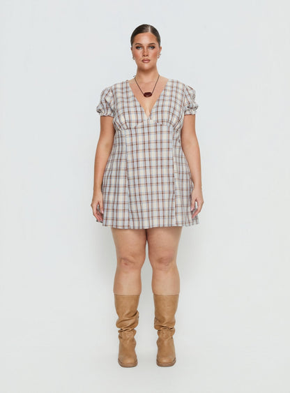 Mystee Plunge Neck Playsuit Blue Check Curve
