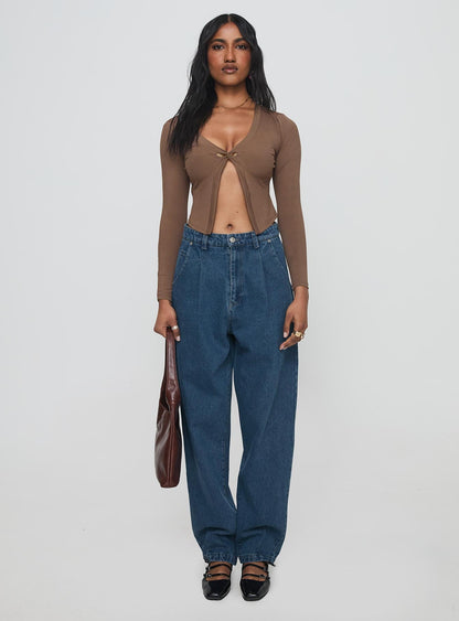 Forestier Mid Rise Barrel Leg Pin Tuck Jeans Mid Blue