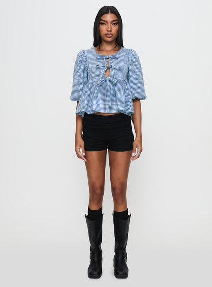 Full House Tie Up Blouse Top Blue Plaid