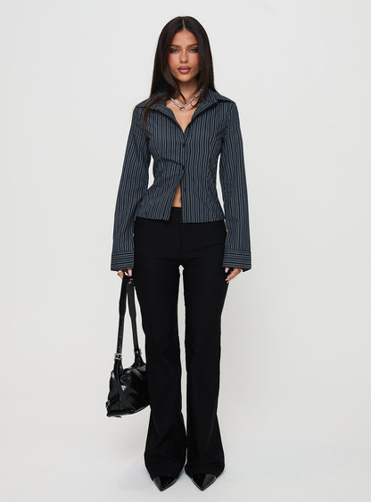 Theroux Long Sleeve Top Navy Pinstripe