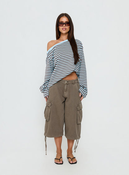 Settle Down One Shoulder Long Sleeve Top Chocolate / Blue Stripe