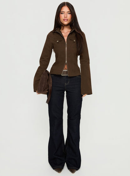 Kelehan Long Sleeve Zip Front Top Stonewashed Brown