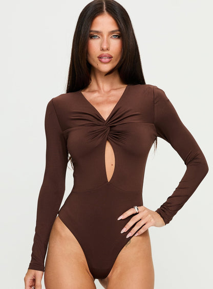 Vennie Twist Front Long Sleeve Bodysuit Brown