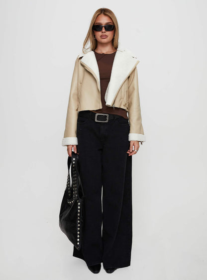 Shearling Trim Faux Leather Jacket Beige